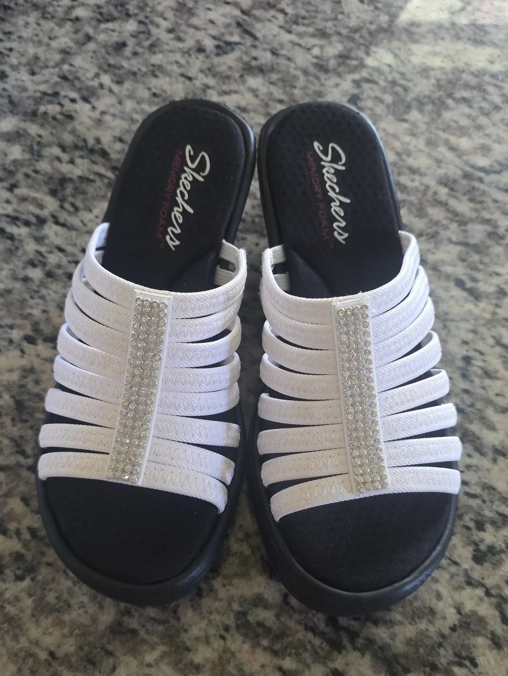 Skechers White Multi-Strap Slide Sandals with Rhinestone Trim-Memory Foam
